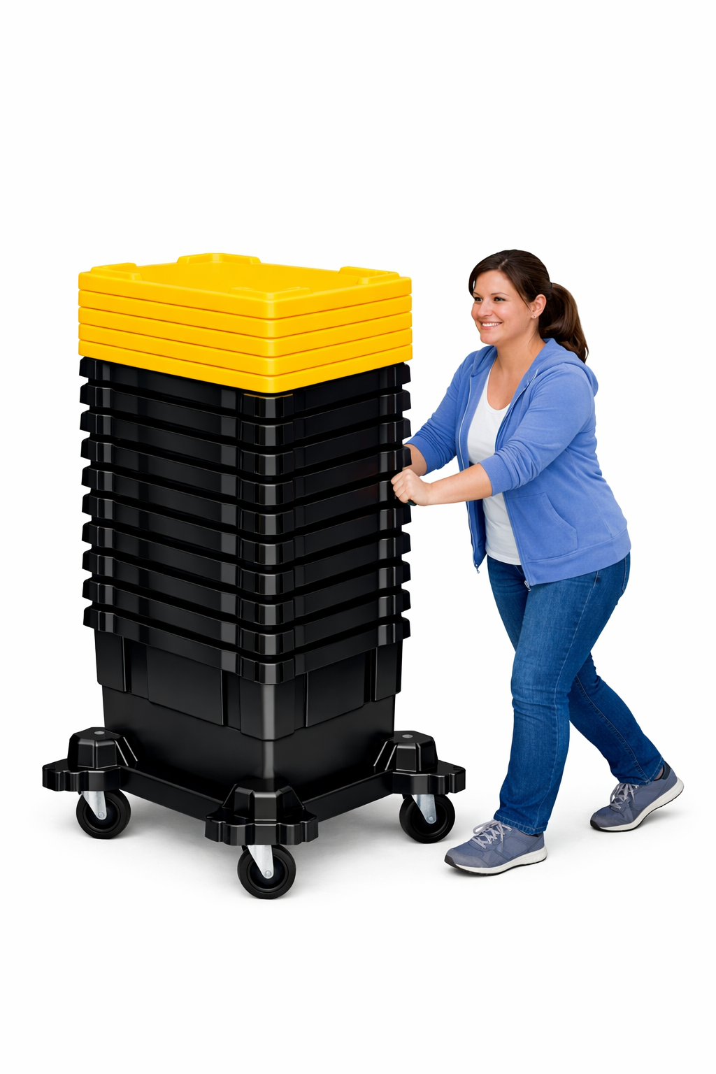 Woman easily rolling a tall stack of Timmy's totes on a dolly